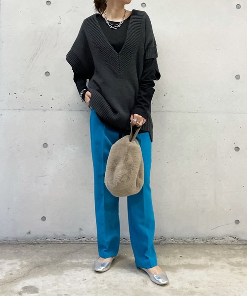 DouDou（ドゥドゥ）の「袖リブロンT（Tシャツ/カットソー・レディース・オフホワイト/ブラック/グレイッシュベージュ・FREE）」の6枚目の写真