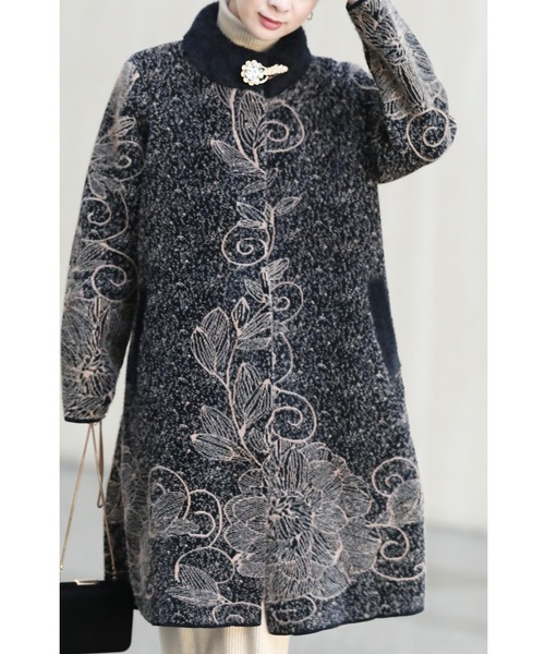 黒 輝くネックビジューのエレガントな起毛ニットコート ノーカラーコート Cawaii カワイイ のファッション通販 Zozotown