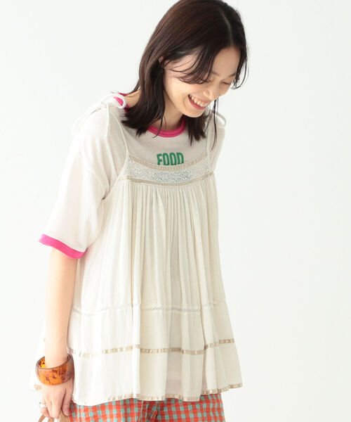 BEAMS BOY（ビームスボーイ）の「BEAMS BOY / サテン テープ ギャザー キャミソール 22SS（キャミソール・レディース・ブラック/ライム/ナチュラル・FREE）」の7枚目の写真