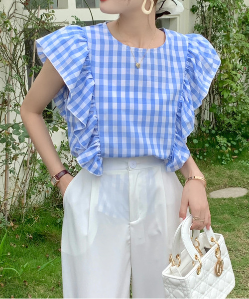 emi+（エミプラス）の「ギンガムチェックフリルブラウス（シャツ