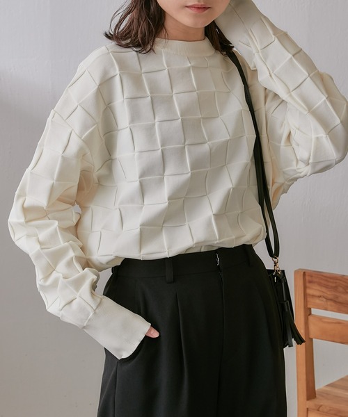 「Lui's」 ホワイト Block Check ルーズフィット ニット Lui's」 ホワイト Block Check ルーズフィット ニット