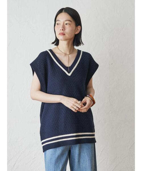 AMERICAN HOLIC（アメリカンホリック）の「Vネックリンクス編みニットベスト（ベスト・レディース・ブラック/アイボリー/ネイビー・FREE）」の6枚目の写真