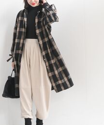 リボン袖チェックシャツワンピース