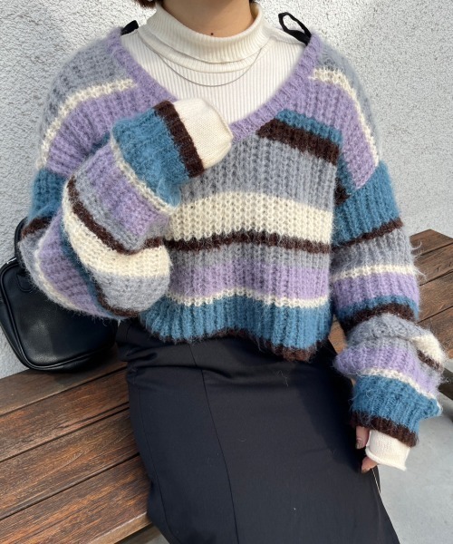 nemne store(ネンネストア)の「前後2wayボーダーニット(ニット/セーター・レディース・ピンク/ブルー・フリー)」の4枚目の写真