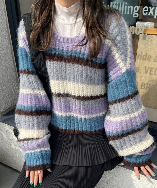 nemne store(ネンネストア)の「前後2wayボーダーニット(ニット/セーター・レディース・ピンク/ブルー・フリー)」の9枚目の写真