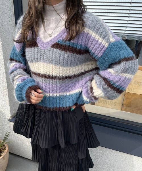 nemne store(ネンネストア)の「前後2wayボーダーニット(ニット/セーター・レディース・ピンク/ブルー・フリー)」の15枚目の写真