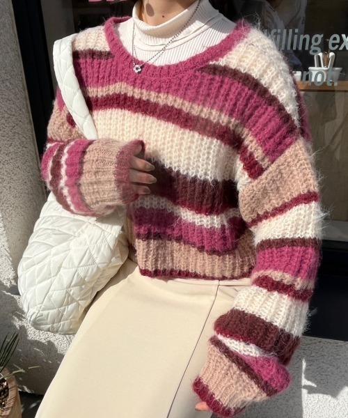 nemne store(ネンネストア)の「前後2wayボーダーニット(ニット/セーター・レディース・ピンク/ブルー・フリー)」の5枚目の写真