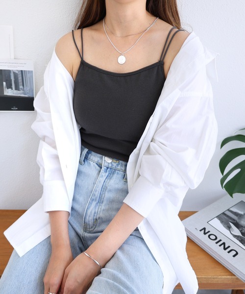 andme(アンドミー)の「フライス素材カップ付きキャミソールトップス(キャミソール・レディース・キナリ/グリーン系その他/テラコッタ/ベージュ系その他/ブラック/チャコールグレー・FREE)」の4枚目の写真