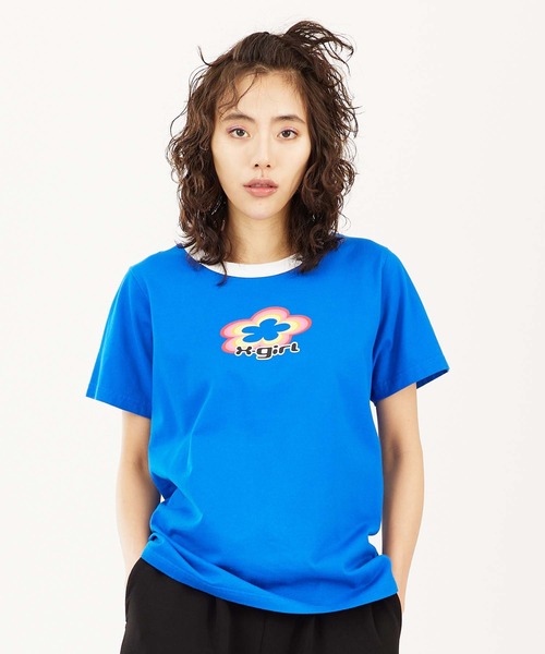 X-girl（エックスガール）の「FLOWER LOGO S/S RINGER CLASSIC TEE（Tシャツ/カットソー・レディース・ブルー/ブラック/ホワイト・S/M）」の3枚目の写真