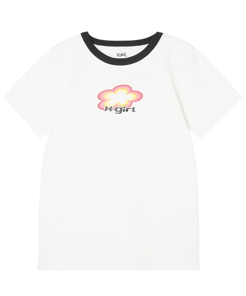 X-girl（エックスガール）の「FLOWER LOGO S/S RINGER CLASSIC TEE（Tシャツ/カットソー・レディース・ブルー/ブラック/ホワイト・S/M）」の4枚目の写真