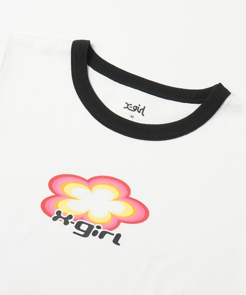 X-girl（エックスガール）の「FLOWER LOGO S/S RINGER CLASSIC TEE（Tシャツ/カットソー・レディース・ブルー/ブラック/ホワイト・S/M）」の7枚目の写真