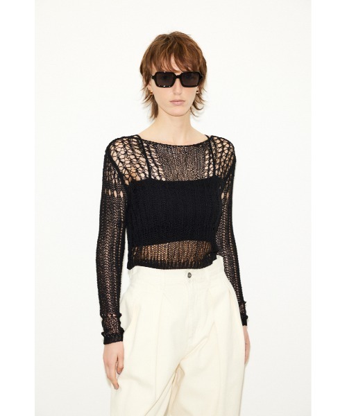 THROW by SLY（スローバイスライ）の「THROW LILY YARN BLOCKING HG TOPS リリーヤーン ブロッキング ハイゲージ トップス ニット シアー 透け（Tシャツ/カットソー・レディース・ブラック/アイボリー・FREE）」の2枚目の写真
