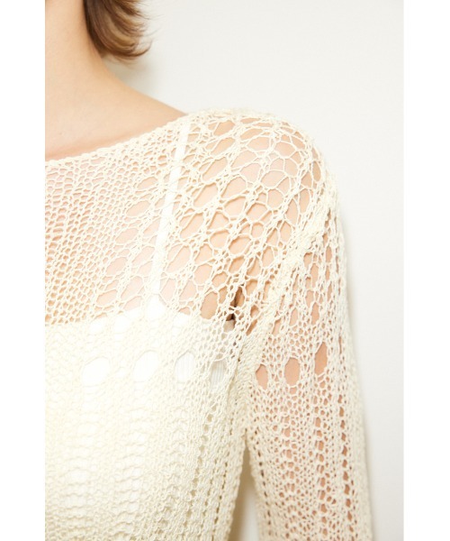 THROW by SLY（スローバイスライ）の「THROW LILY YARN BLOCKING HG TOPS リリーヤーン ブロッキング ハイゲージ トップス ニット シアー 透け（Tシャツ/カットソー・レディース・ブラック/アイボリー・FREE）」の7枚目の写真