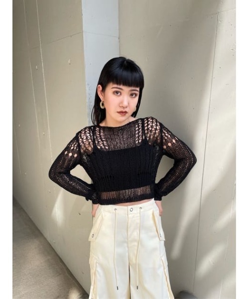 THROW by SLY（スローバイスライ）の「THROW LILY YARN BLOCKING HG TOPS リリーヤーン ブロッキング ハイゲージ トップス ニット シアー 透け（Tシャツ/カットソー・レディース・ブラック/アイボリー・FREE）」の19枚目の写真