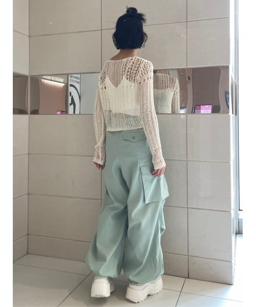 THROW by SLY（スローバイスライ）の「THROW LILY YARN BLOCKING HG TOPS リリーヤーン ブロッキング ハイゲージ トップス ニット シアー 透け（Tシャツ/カットソー・レディース・ブラック/アイボリー・FREE）」の12枚目の写真