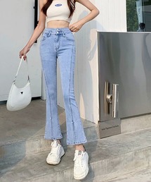 ストレッチ フロントスリット デニムフレアパンツ
