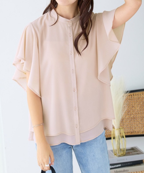 alotta(アロッタ)の「楊柳シフォンバンドカラーブラウス(シャツ/ブラウス・レディース・ミント/ダークブルー/アイボリー/オフホワイト/ブラック/ピンク/ライトグレー/ベージュ/ピンクベージュ・LARGE/MEDIUM/X-LARGE/XX-LARGE)」の1枚目の写真