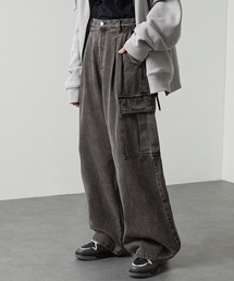 【Alfred Alex】ケミカル ヴィンテージメイクワイドストレートカーゴデニムパンツ