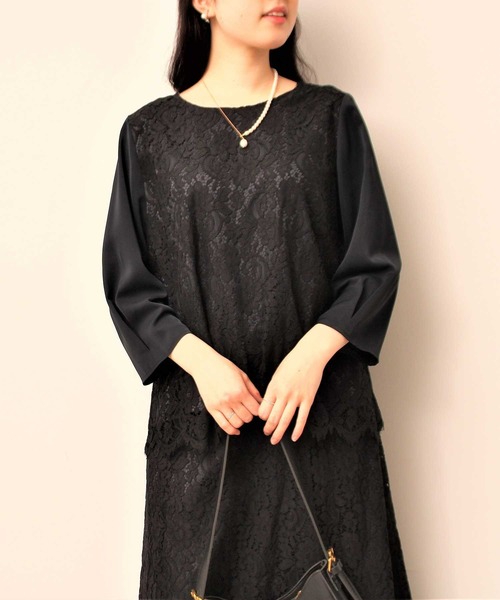 fleur by mint breeze(フルールバイミントブリーズ)の「【L~5L 大きいサイズ】スカラ レース ブラウス(シャツ/ブラウス・レディース・ネイビー/オフホワイト・3L/5L/4L/LL/L)」の1枚目の写真