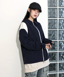 [UNISEX][春アイテム]バーシティージャケット風2カラーニットカーディガン