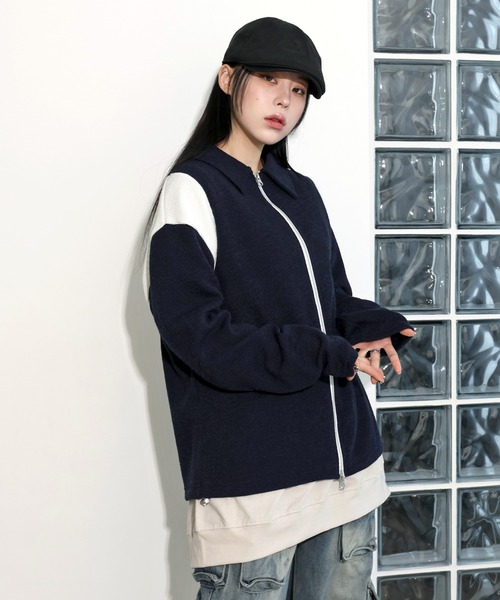 FOLLOWIN（フォロウィン）の「[UNISEX][春アイテム]バーシティージャケット風2カラーニットカーディガン（カーディガン/ボレロ・レディース・ブラック/カーキ/ライトブルー/ネイビー・FREE）」の4枚目の写真