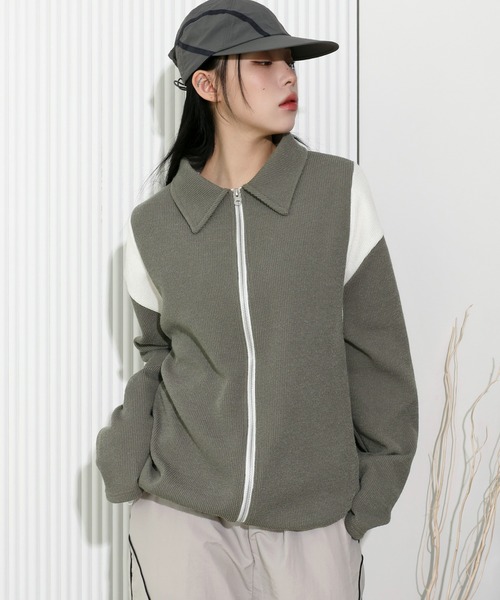 FOLLOWIN（フォロウィン）の「[UNISEX][春アイテム]バーシティージャケット風2カラーニットカーディガン（カーディガン/ボレロ・レディース・ブラック/カーキ/ライトブルー/ネイビー・FREE）」の3枚目の写真