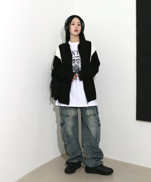 FOLLOWIN（フォロウィン）の「[UNISEX][春アイテム]バーシティージャケット風2カラーニットカーディガン（カーディガン/ボレロ・レディース・ブラック/カーキ/ライトブルー/ネイビー・FREE）」の5枚目の写真