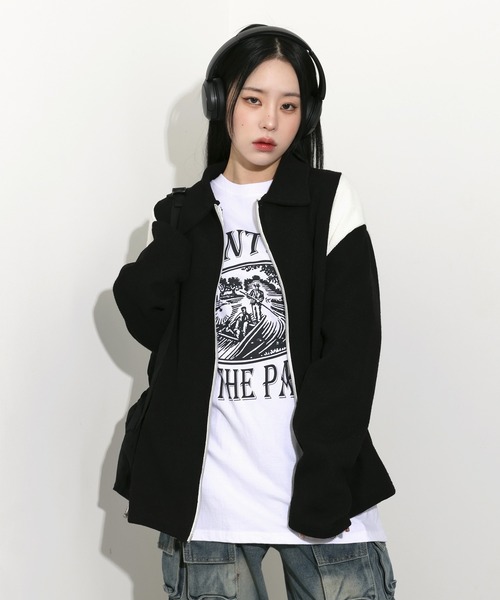 FOLLOWIN（フォロウィン）の「[UNISEX][春アイテム]バーシティージャケット風2カラーニットカーディガン（カーディガン/ボレロ・レディース・ブラック/カーキ/ライトブルー/ネイビー・FREE）」の8枚目の写真