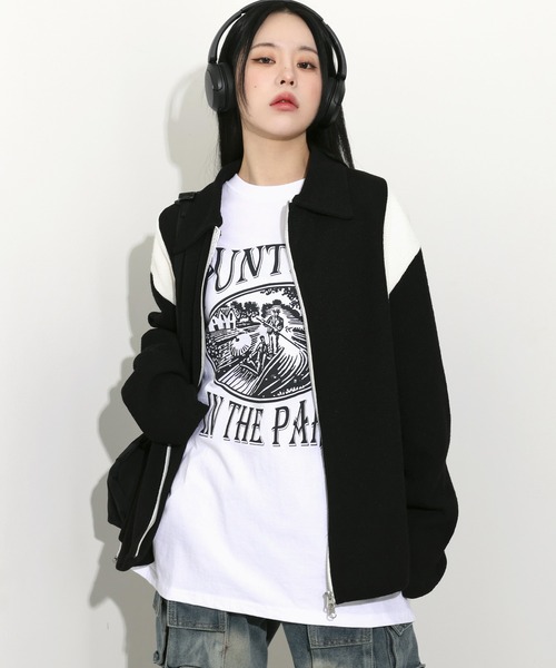 FOLLOWIN（フォロウィン）の「[UNISEX][春アイテム]バーシティージャケット風2カラーニットカーディガン（カーディガン/ボレロ・レディース・ブラック/カーキ/ライトブルー/ネイビー・FREE）」の10枚目の写真