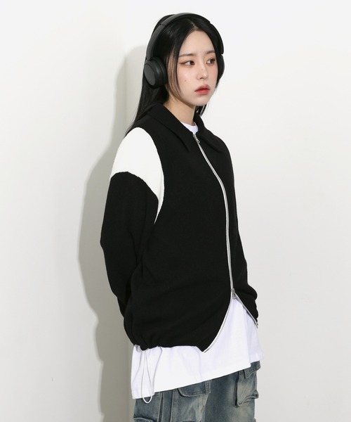 FOLLOWIN（フォロウィン）の「[UNISEX][春アイテム]バーシティージャケット風2カラーニットカーディガン（カーディガン/ボレロ・レディース・ブラック/カーキ/ライトブルー/ネイビー・FREE）」の11枚目の写真