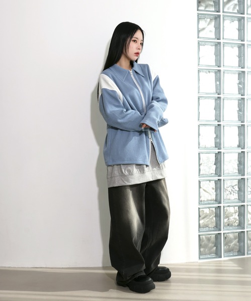 FOLLOWIN（フォロウィン）の「[UNISEX][春アイテム]バーシティージャケット風2カラーニットカーディガン（カーディガン/ボレロ・レディース・ブラック/カーキ/ライトブルー/ネイビー・FREE）」の19枚目の写真