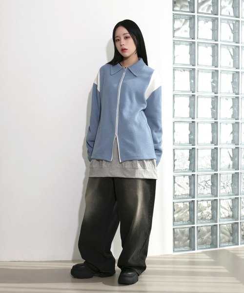 FOLLOWIN（フォロウィン）の「[UNISEX][春アイテム]バーシティージャケット風2カラーニットカーディガン（カーディガン/ボレロ・レディース・ブラック/カーキ/ライトブルー/ネイビー・FREE）」の20枚目の写真