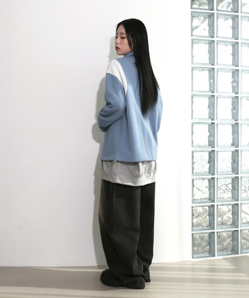 FOLLOWIN（フォロウィン）の「[UNISEX][春アイテム]バーシティージャケット風2カラーニットカーディガン（カーディガン/ボレロ・レディース・ブラック/カーキ/ライトブルー/ネイビー・FREE）」の21枚目の写真