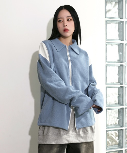 FOLLOWIN（フォロウィン）の「[UNISEX][春アイテム]バーシティージャケット風2カラーニットカーディガン（カーディガン/ボレロ・レディース・ブラック/カーキ/ライトブルー/ネイビー・FREE）」の22枚目の写真