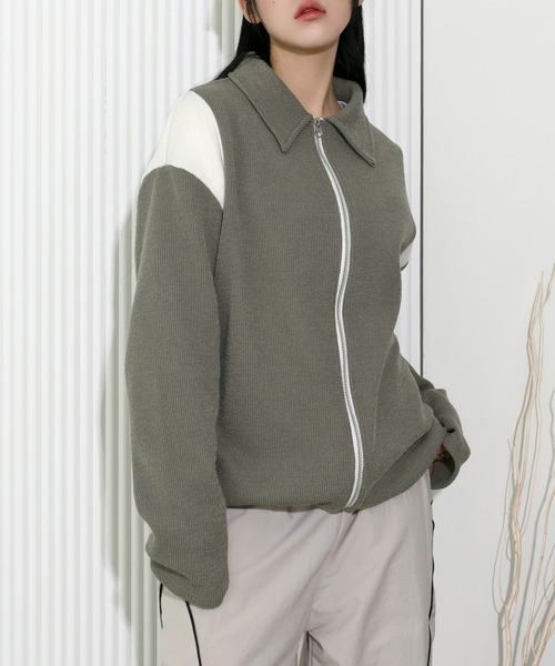 FOLLOWIN（フォロウィン）の「[UNISEX][春アイテム]バーシティージャケット風2カラーニットカーディガン（カーディガン/ボレロ・レディース・ブラック/カーキ/ライトブルー/ネイビー・FREE）」の18枚目の写真