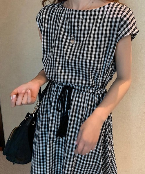 Miniministore(ミニミニストア)の「リネン風ワンピースレディース春夏半袖ノースリーブフレンチスリーブ袖なし半袖半袖(ワンピース・レディース・ブラック/ネイビー/ベージュ/チェック・L/S/XL/M)」の4枚目の写真
