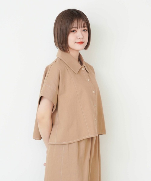 mimi toujours（ミミトゥジュール）の「配色ステッチ 衿付き ポンチョ ベスト mimi toujours×ももはな（ベスト・レディース・ブラウン/アイボリー・M）」の9枚目の写真