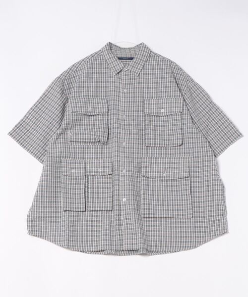 CPCM 半袖チェックフィッシングシャツ ブルー セール】【NEWデザイン！】チェックフィッシング半袖シャツ