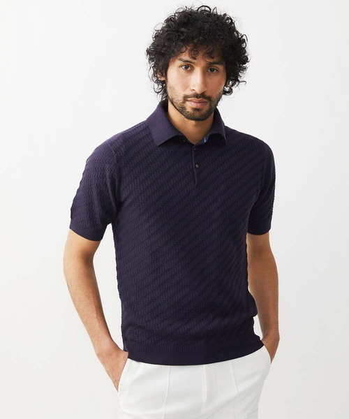 MICHEL KLEIN HOMME (ミッシェルクランオム)の「半袖ニットポロシャツ(ポロシャツ・メンズ・ホワイト/ネイビー・MEDIUM/LARGE/X-LARGE)」の2枚目の写真