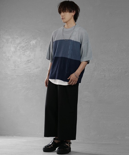 MinoriTY(マイノリティ)の「【MinoriTY】グラデーションサマーニット メンズ Tシャツ 半袖 ビッグシルエット オーバーサイズ ルーズフィット 夏服(ニット/セーター・メンズ・ブルー/グレー・L/S/M)」の4枚目の写真
