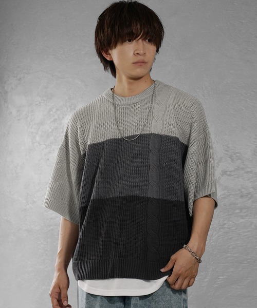 MinoriTY(マイノリティ)の「【MinoriTY】グラデーションサマーニット メンズ Tシャツ 半袖 ビッグシルエット オーバーサイズ ルーズフィット 夏服(ニット/セーター・メンズ・ブルー/グレー・L/S/M)」の5枚目の写真