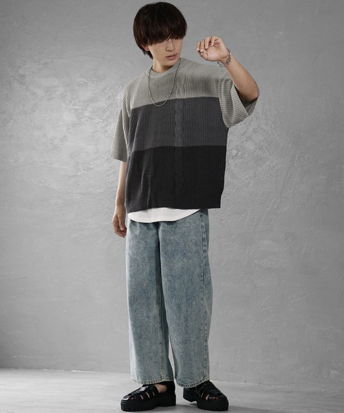 MinoriTY(マイノリティ)の「【MinoriTY】グラデーションサマーニット メンズ Tシャツ 半袖 ビッグシルエット オーバーサイズ ルーズフィット 夏服(ニット/セーター・メンズ・ブルー/グレー・L/S/M)」の7枚目の写真