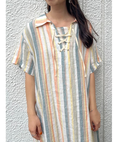 STRATA(エストラータ)の「リネンカフタンワンピース【低身長・小柄女性】(ワンピース・レディース・ベージュ/ストライプ/グリーン・ONE SIZE)」の15枚目の写真