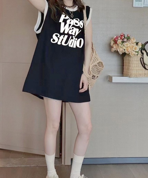 ☆JEANS ノースリーブ キャミソール ミニ ロゴ ワンピース セール】ロゴプリントノースリーブTシャツミニワンピース