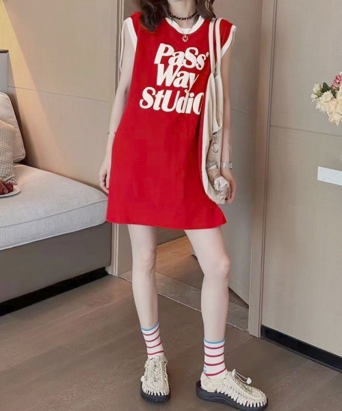 Private Beach ロゴプリントノースリーブTシャツミニワンピース セール】ロゴプリントノースリーブTシャツミニワンピース