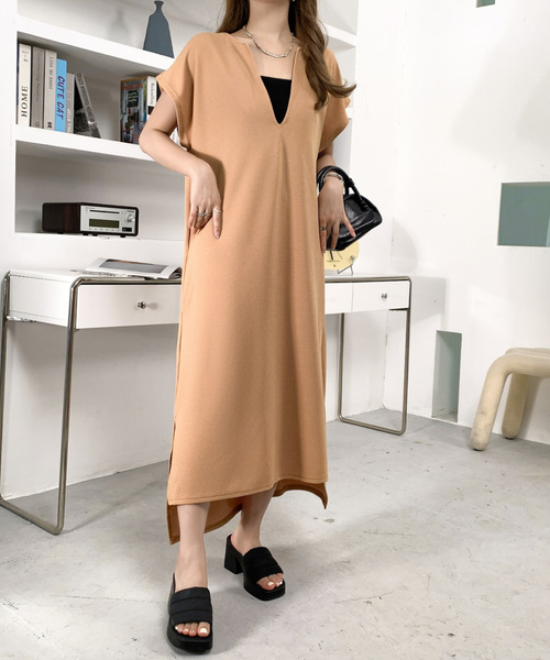 BANNER SELECT（バナーセレクト）の「キーネックフレンチスリーブオーバーサイズワンピース（ワンピース・レディース・モカ/ブラック・M/L）」の6枚目の写真