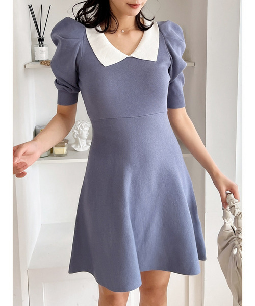 MIIA（ミーア）の「衿付配色ニットフレアワンピース（ワンピース・レディース・ベージュ/ブラック/ブルー/ボルドー・FREE）」の4枚目の写真