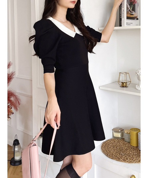 衿付配色ニットフレアワンピース（ワンピース）｜MIIA（ミーア）の