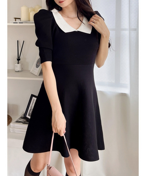 MIIA（ミーア）の「衿付配色ニットフレアワンピース（ワンピース・レディース・ベージュ/ブラック/ブルー/ボルドー・FREE）」の11枚目の写真