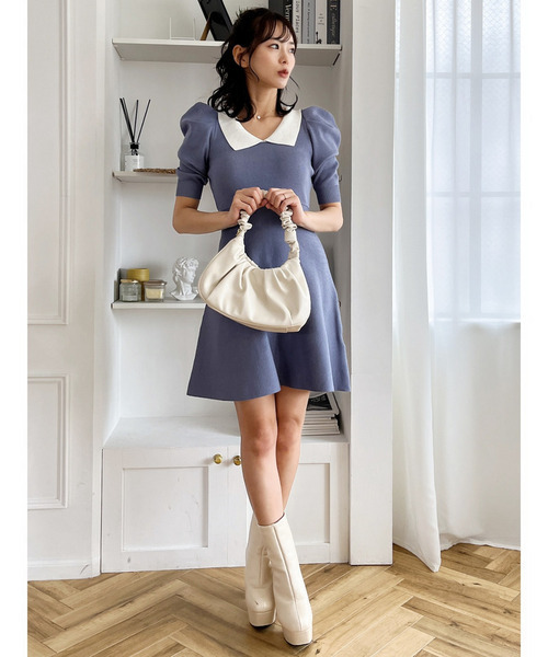 MIIA（ミーア）の「衿付配色ニットフレアワンピース（ワンピース・レディース・ベージュ/ブラック/ブルー/ボルドー・FREE）」の14枚目の写真